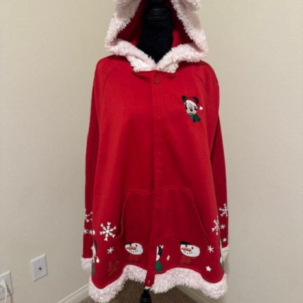 ✨ Disney Mickey Mouse Christmas Hooded Cape – Red Sherpa Trim • Women’s S/M ✨